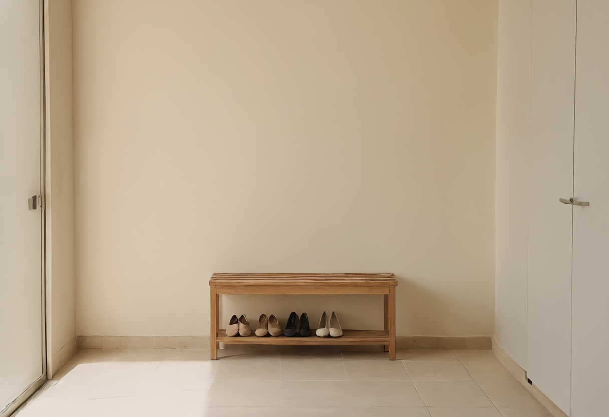 A low slatted timber bench with shoes stored beneath it beside an apartment entrance wall