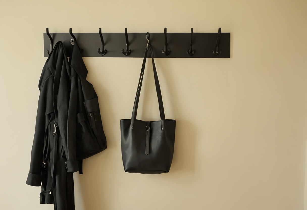 A black hook rail on a plain wall with a coat and a bag hanging from two hooks