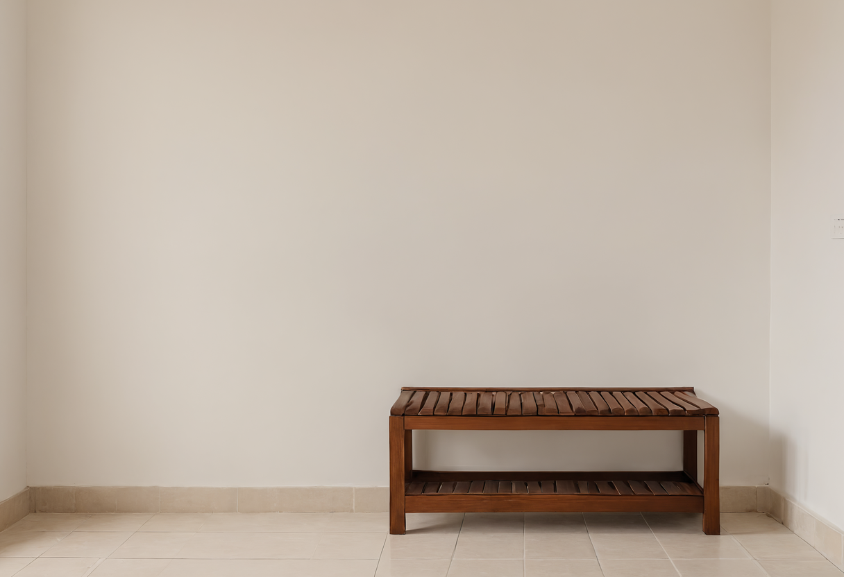 A slatted timber bench with a lower shelf standing against a plain wall on a tiled floor