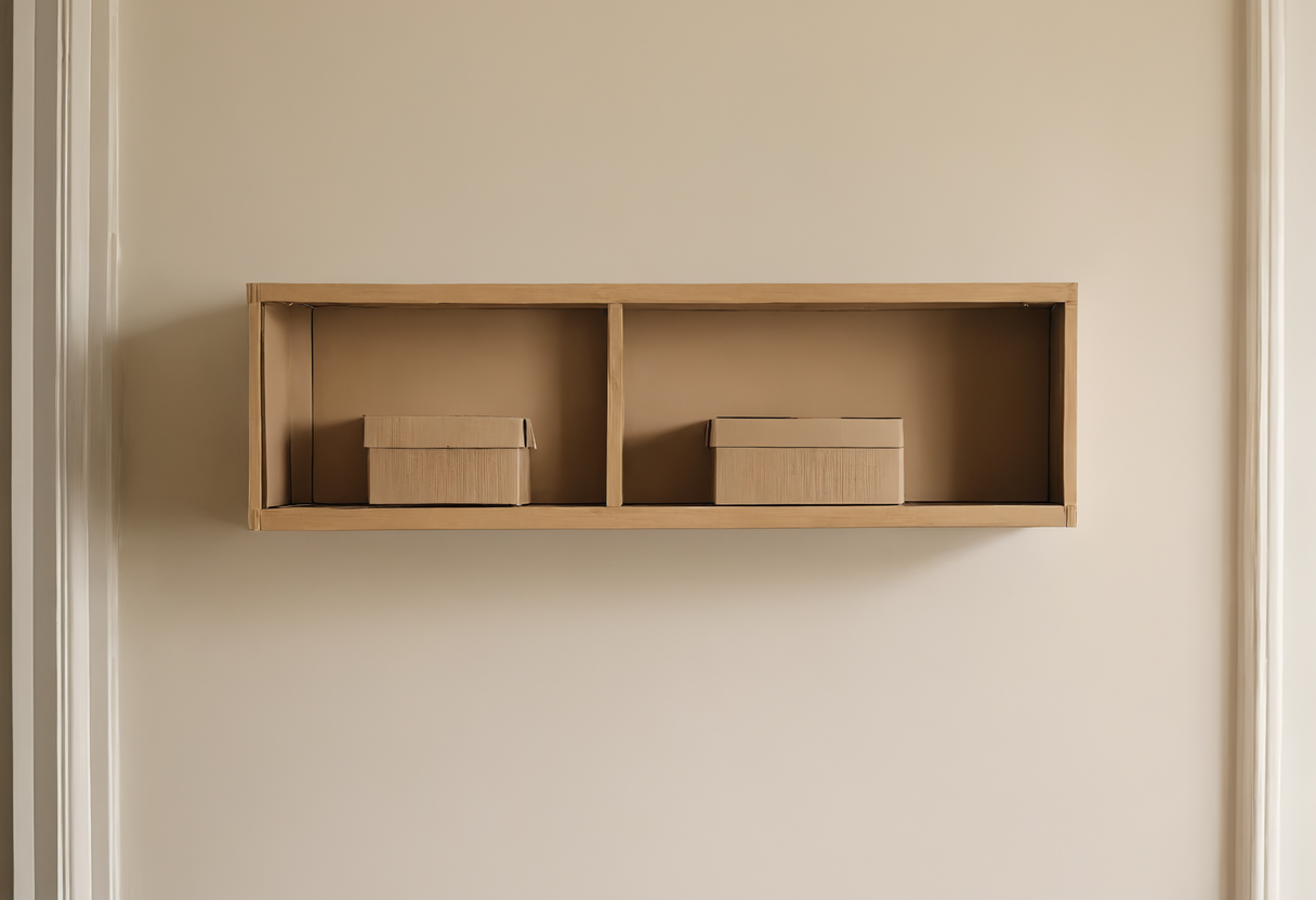 An open wall shelf with two cardboard parcels on it, fixed high on a plain hallway wall