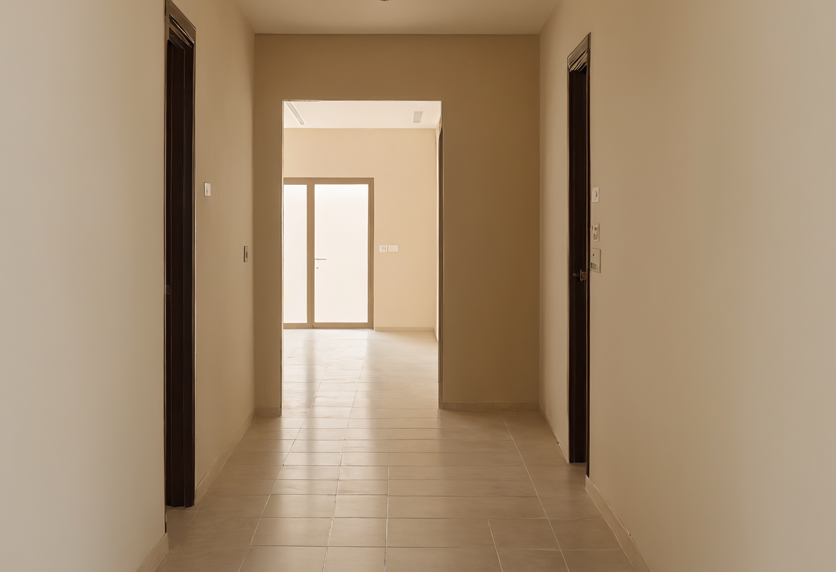 An empty tiled apartment hallway with doors on both sides and a lit room at the end
