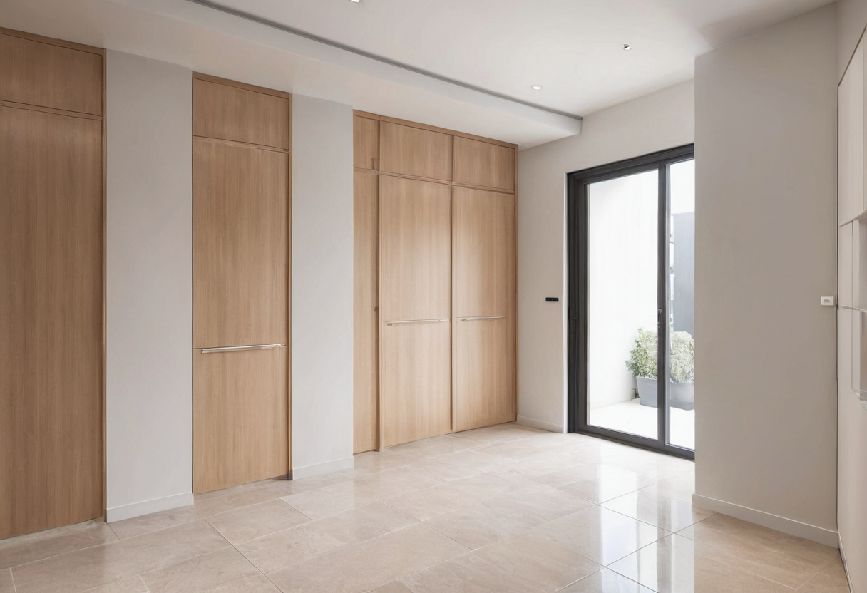 Pale tiled foyer with tall light wood cabinets and a glazed exterior door.