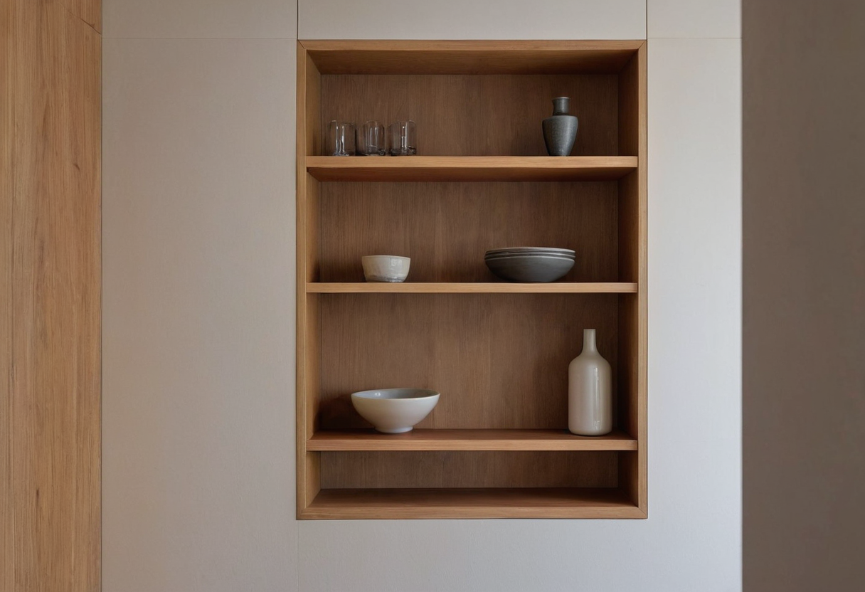 Recessed timber shelves holding glassware, bowls and a vase within a wall niche.