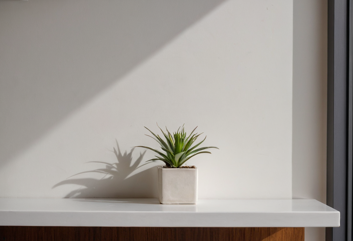 Small green plant in a white pot resting on a shallow shelf against a plain wall.