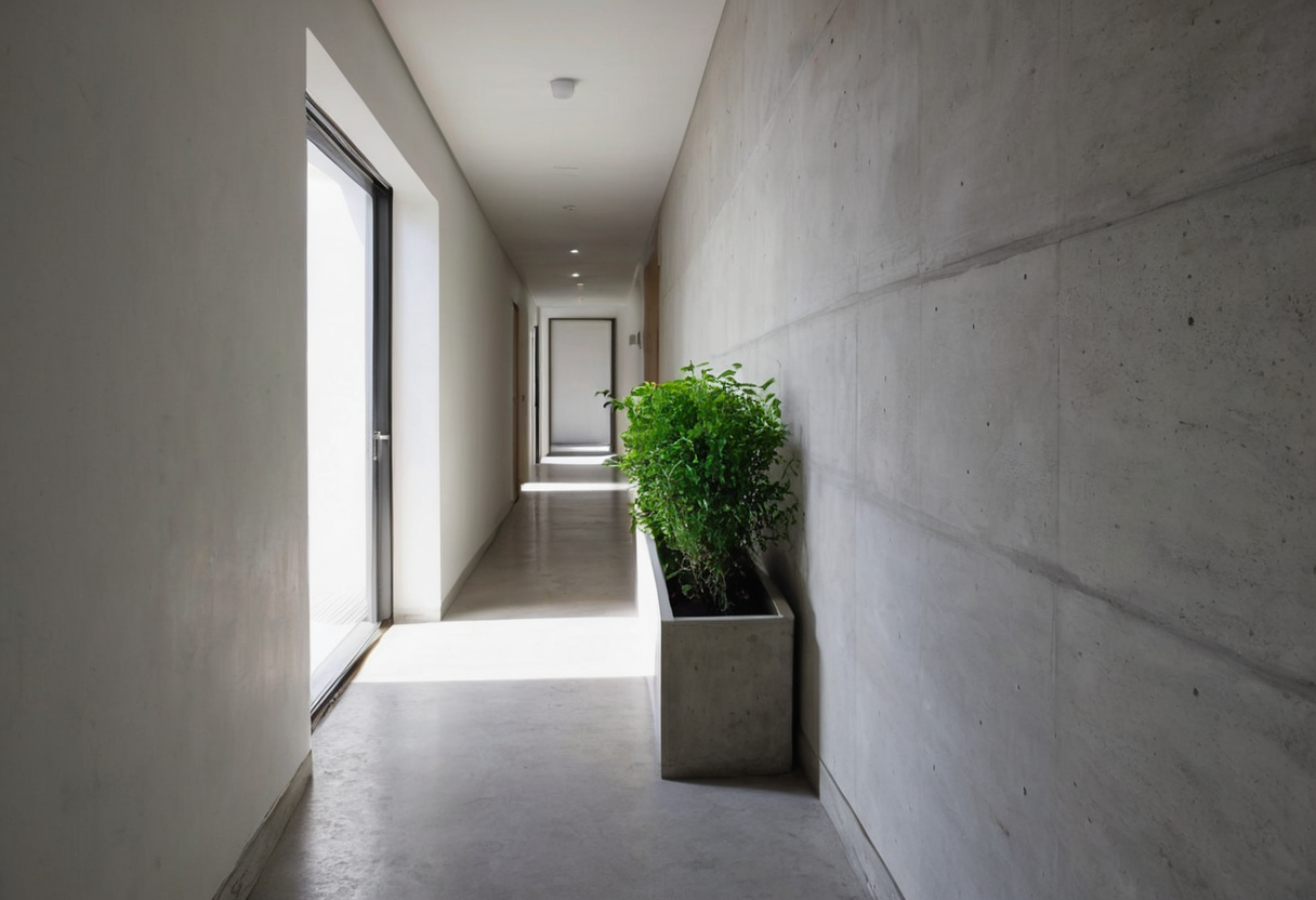 Narrow concrete hallway with one large green shrub in a rectangular planter alongside the path.