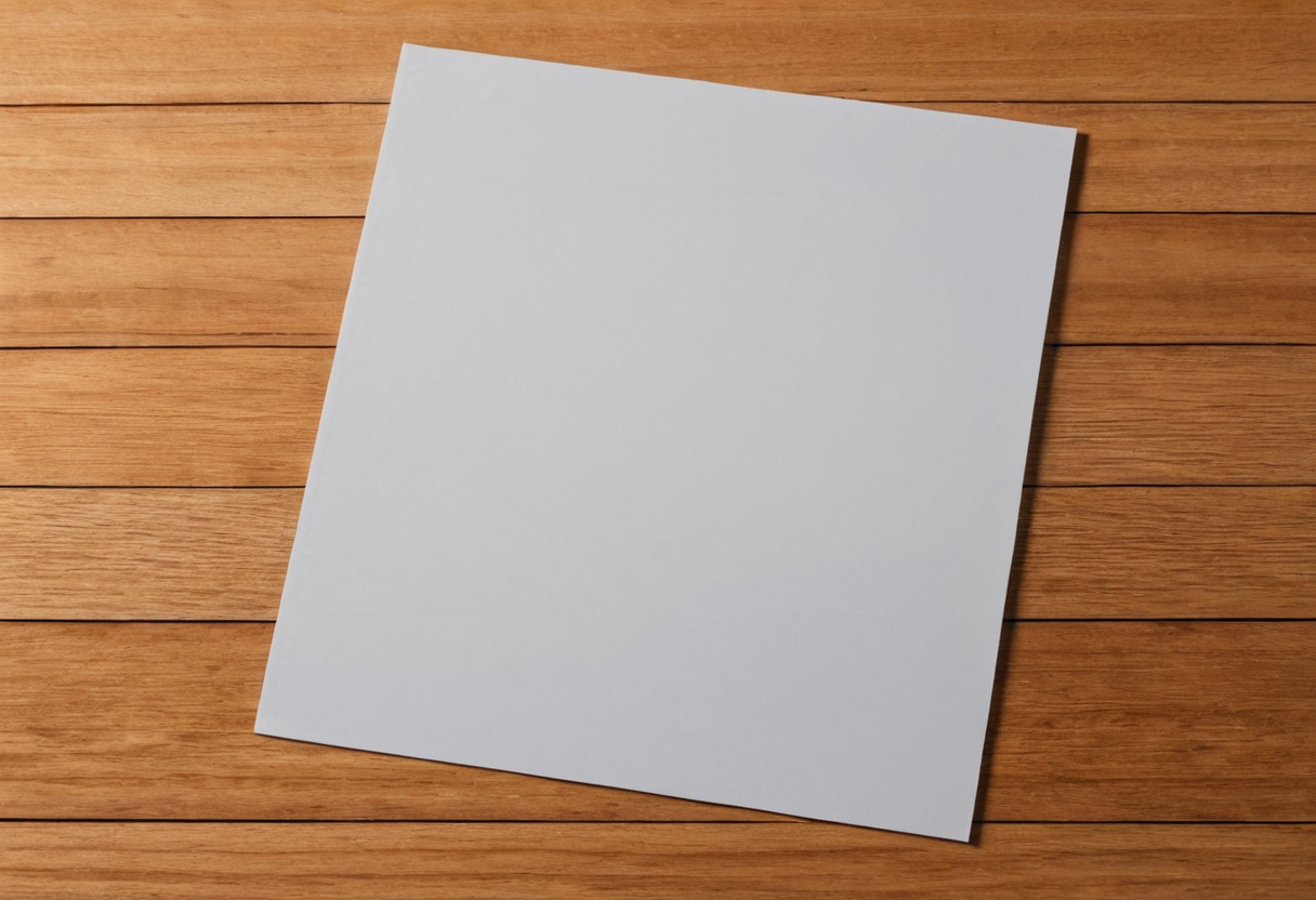 Blank white sheet of paper lying flat on a wooden surface.