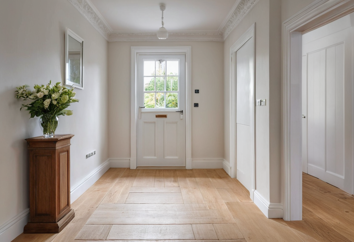 Pale entrance hall with timber floor, closed white glazed front door and wooden console table holding flowers.