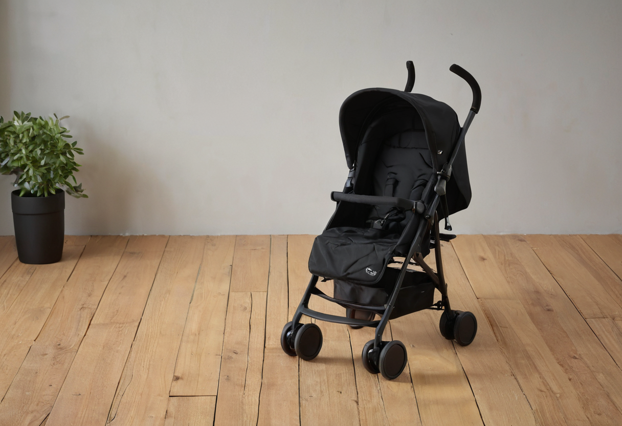 Open black four-wheel pushchair standing on a timber floor.