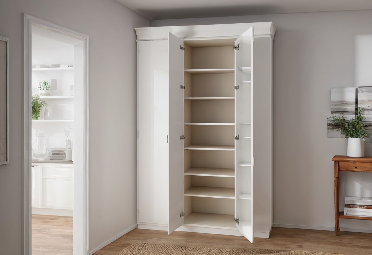 Open white tall cabinet with empty shelves and double hinged doors.