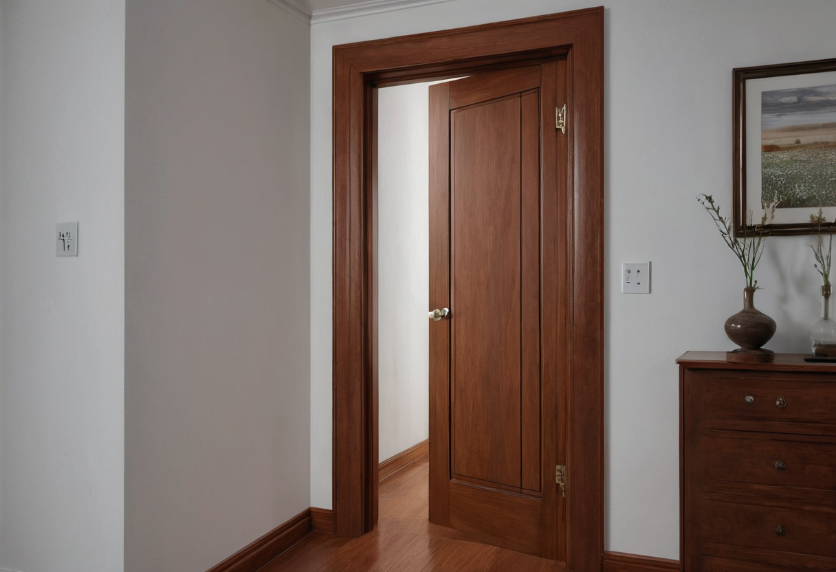 Partly open timber interior door showing a clear passage opening above a wood floor.