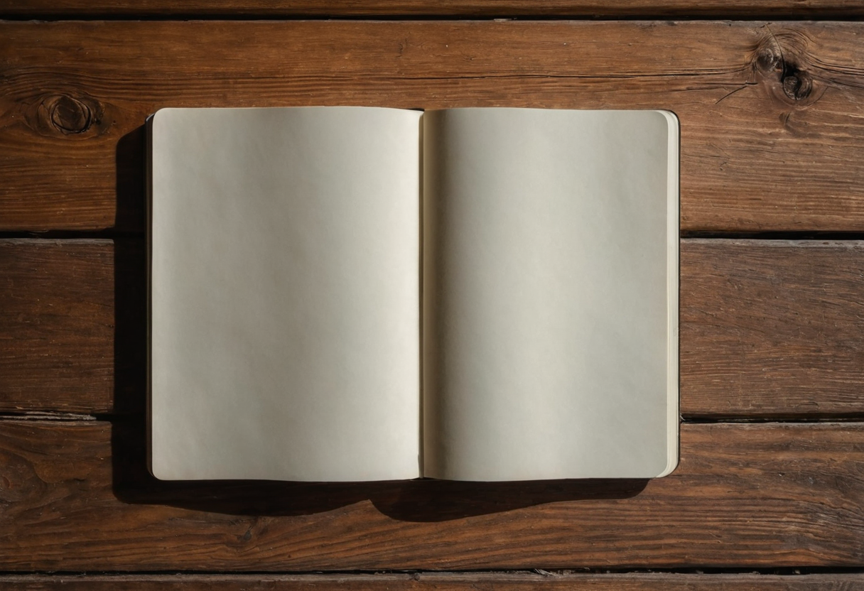 Open blank notebook resting on a wooden table.