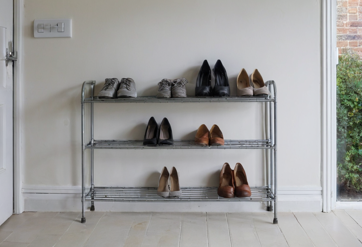 Grey three-tier metal shoe rack holding several pairs of shoes against a white wall beside a glazed side door.