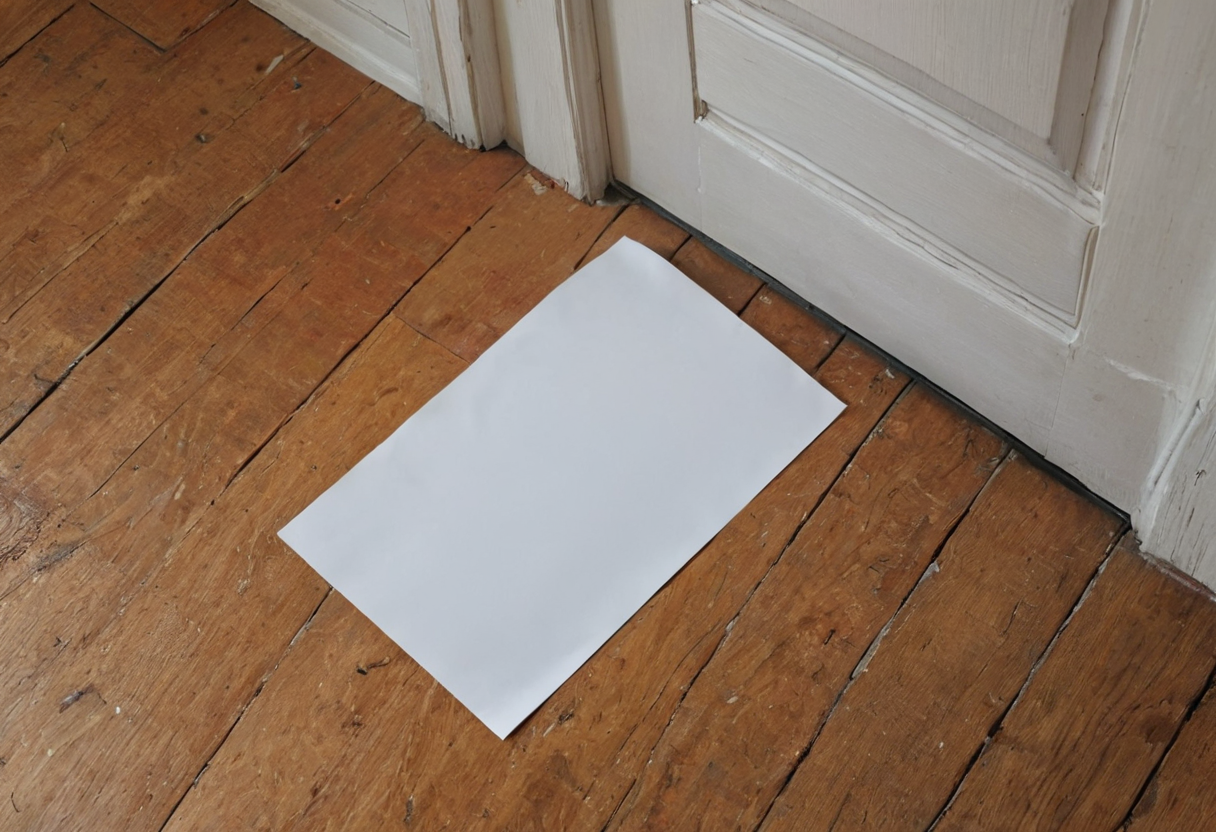 Blank white rectangular sheet on a timber floor beside a closed white interior door.