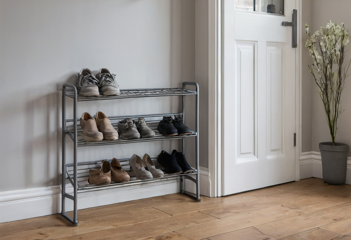 Three-tier grey metal shoe rack holding several pairs of shoes beside a white entrance door and a plant pot.
