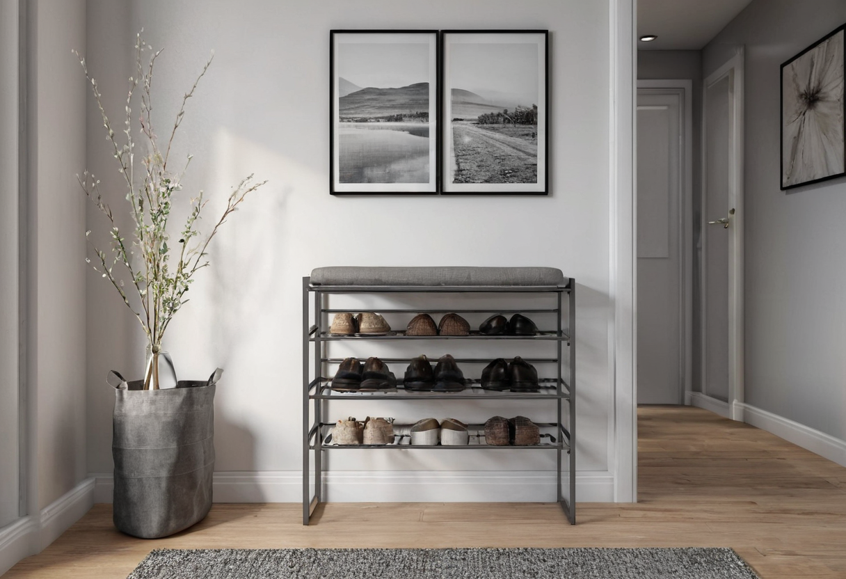 Grey metal shoe rack with a padded top surface and shoes arranged across three lower tiers in a bright entrance hall.