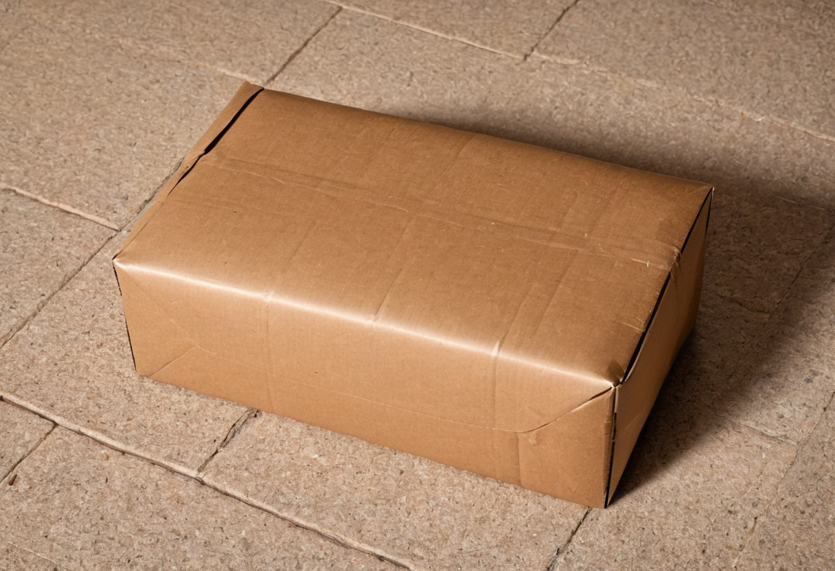 Plain sealed brown cardboard box resting on a pale stone tile floor with no visible label.