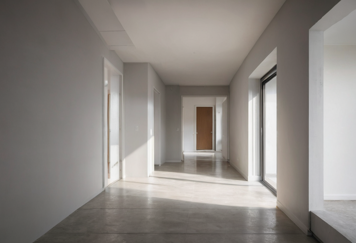 Pale concrete-floored hallway with doorways and a large glass opening on the right.