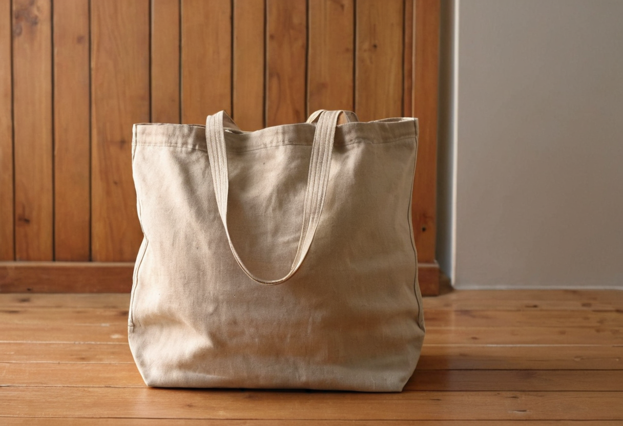 Light canvas tote bag standing upright on a wooden floor in front of timber panelling.