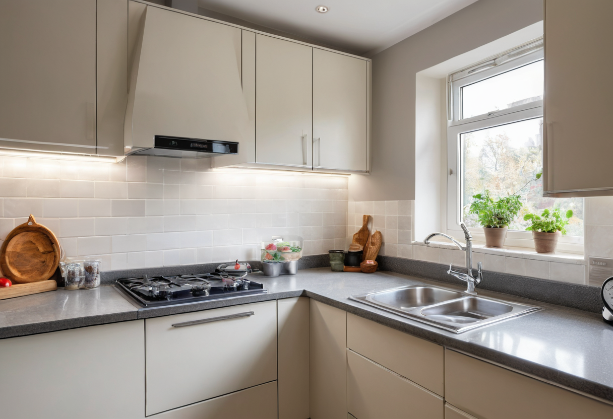 White kitchen with grey worktop, cooker on the left and sink on the right.