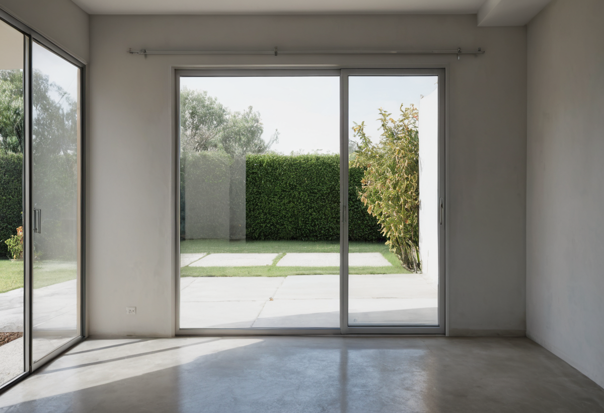 Empty room with pale flooring and large sliding glass doors opening onto a garden.