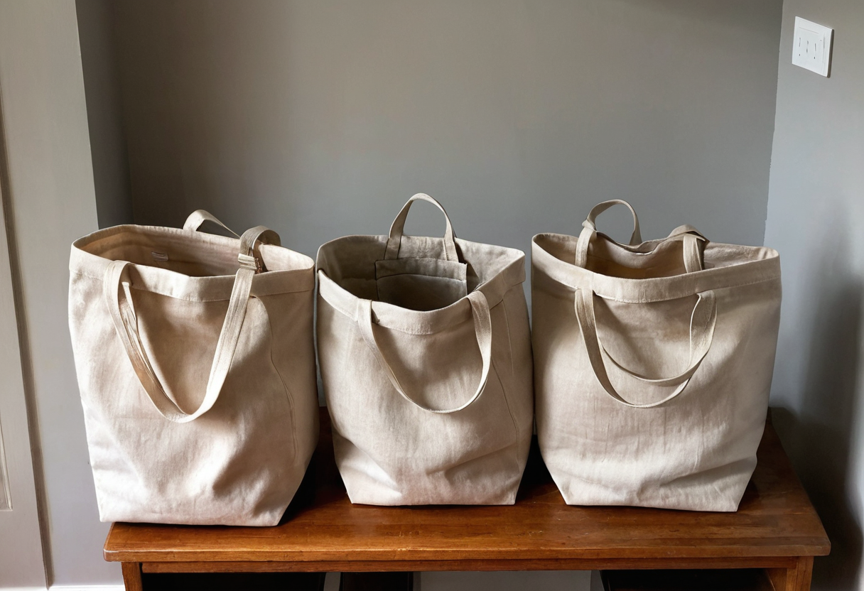 Three open, upright light canvas tote bags on a wooden table.