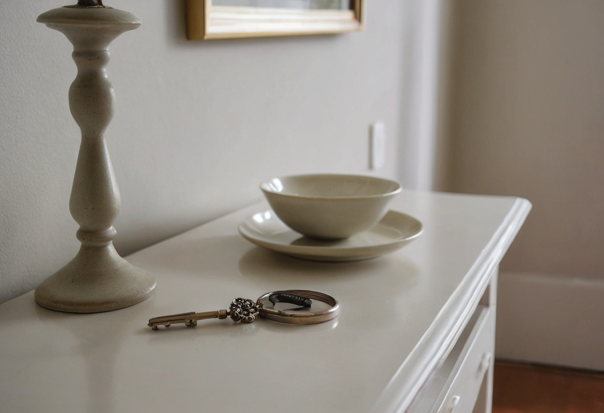 A metal key lies on a white cabinet in front of an empty cream bowl and beside a lamp.