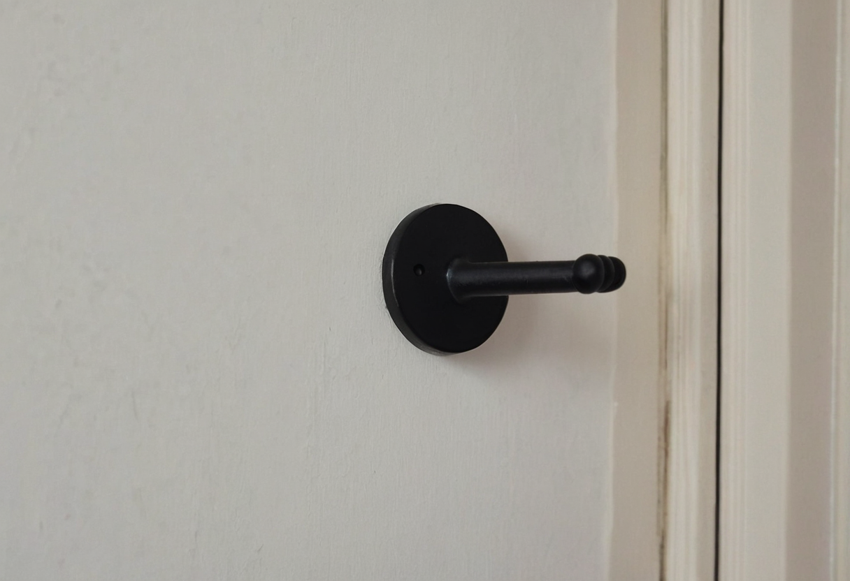 An empty black horizontal wall peg fixed to a pale wall beside a door.