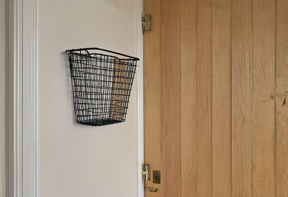 An empty black wire basket mounted on a pale wall beside a wooden door.