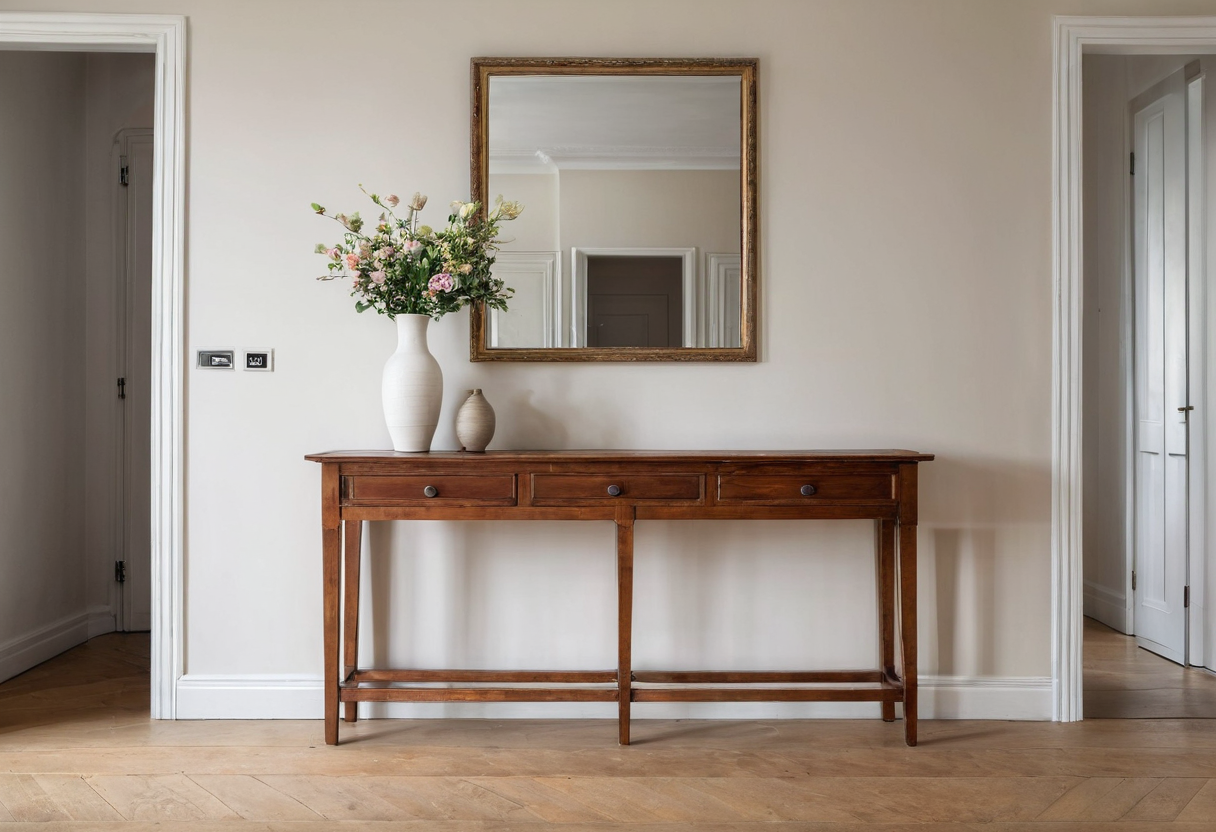 A long wooden console table beneath a framed mirror, with one large vase holding flowers and a smaller empty vase on the left side.
