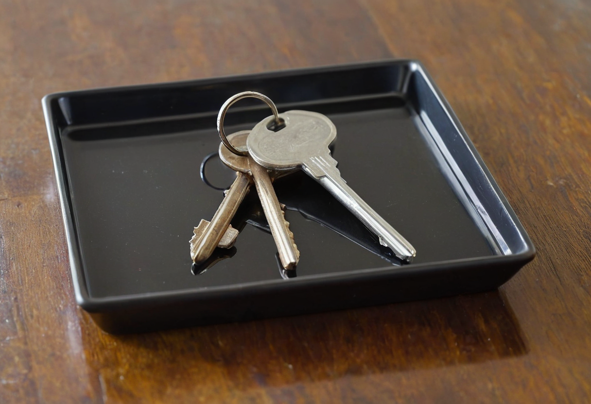 Three metal keys on a ring resting in a black rectangular tray on a wooden tabletop.