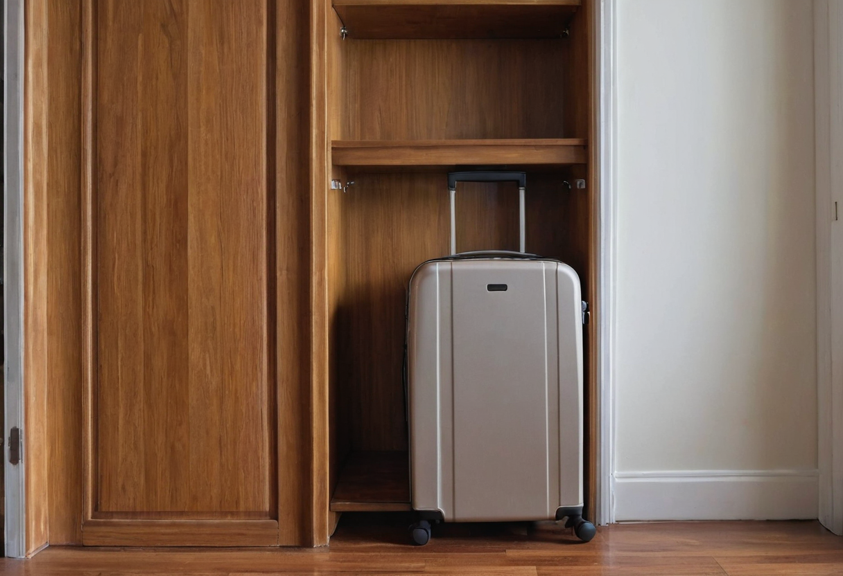 Pale hard-shell upright suitcase with wheels positioned inside an open wooden closet bay.