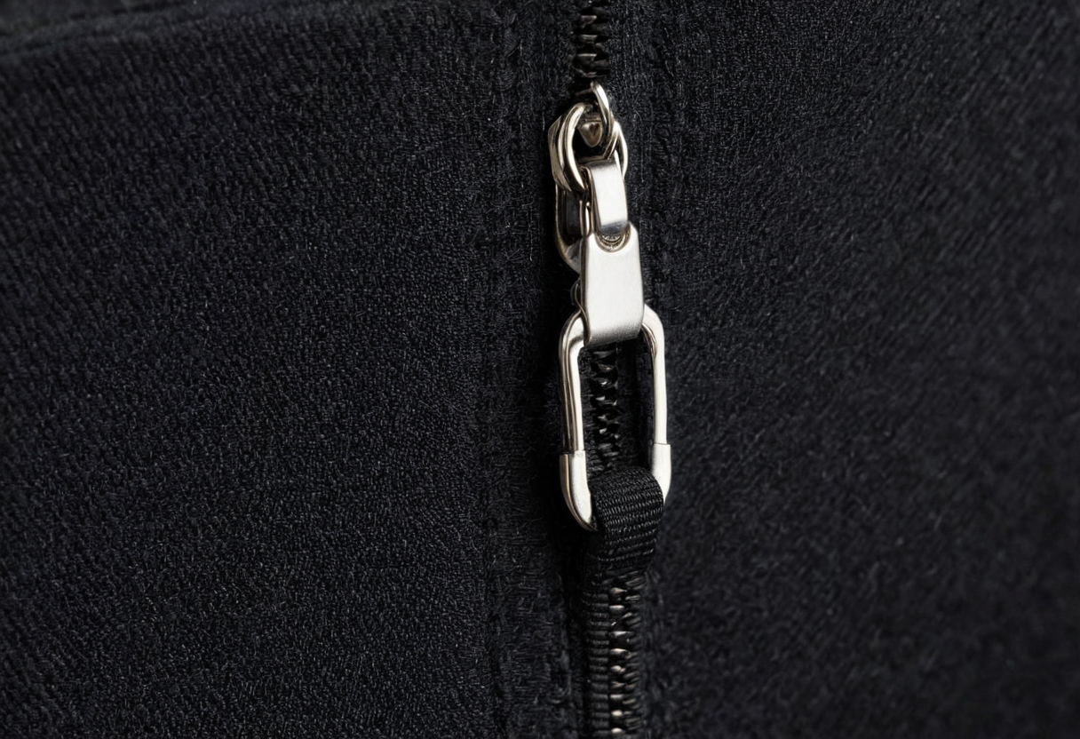 Close-up of a metal zip pull and black zipper teeth on black woven fabric.