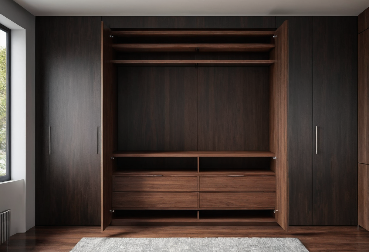 Open dark wood wardrobe showing an empty central bay, high shelf, lower drawers and closed side doors.