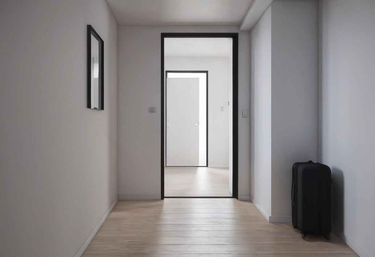 Black upright suitcase placed against the right wall of a pale narrow hallway leading to two distant doorways.