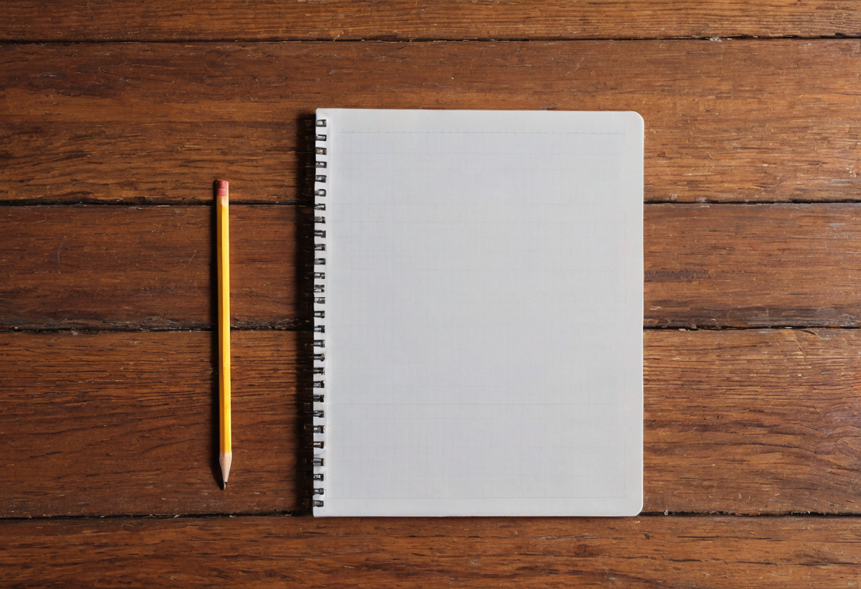 Blank lined notebook page and a yellow pencil resting on a dark wood table.