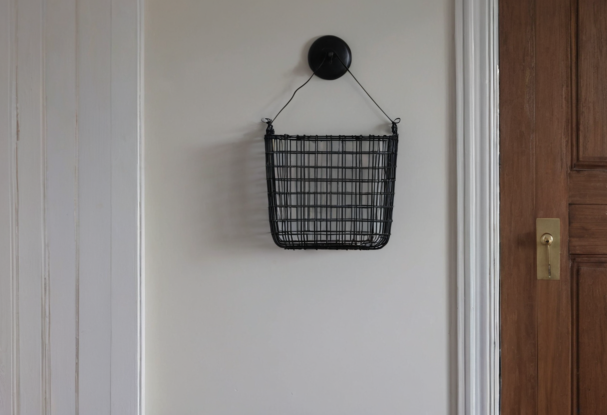 Black wire basket mounted on a pale wall beside a wooden door.