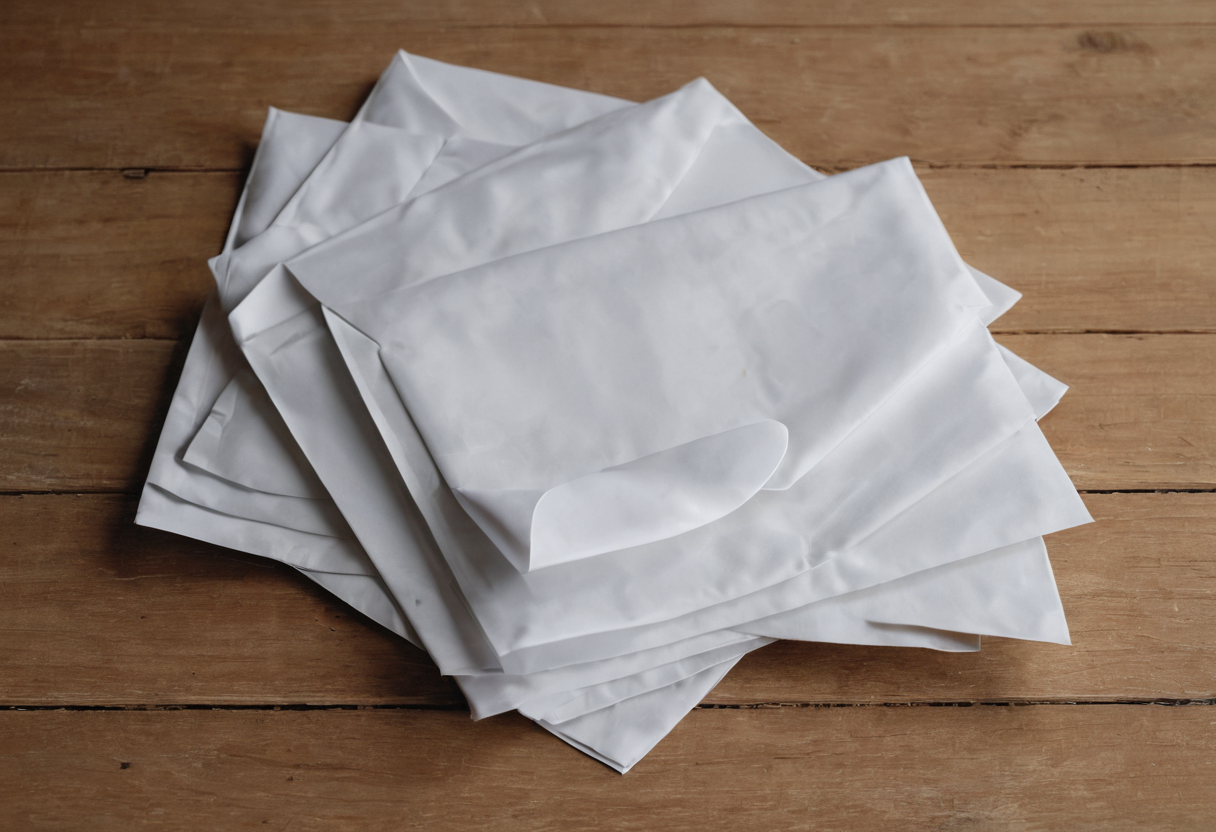 Loose stack of blank white envelopes on a wooden table.