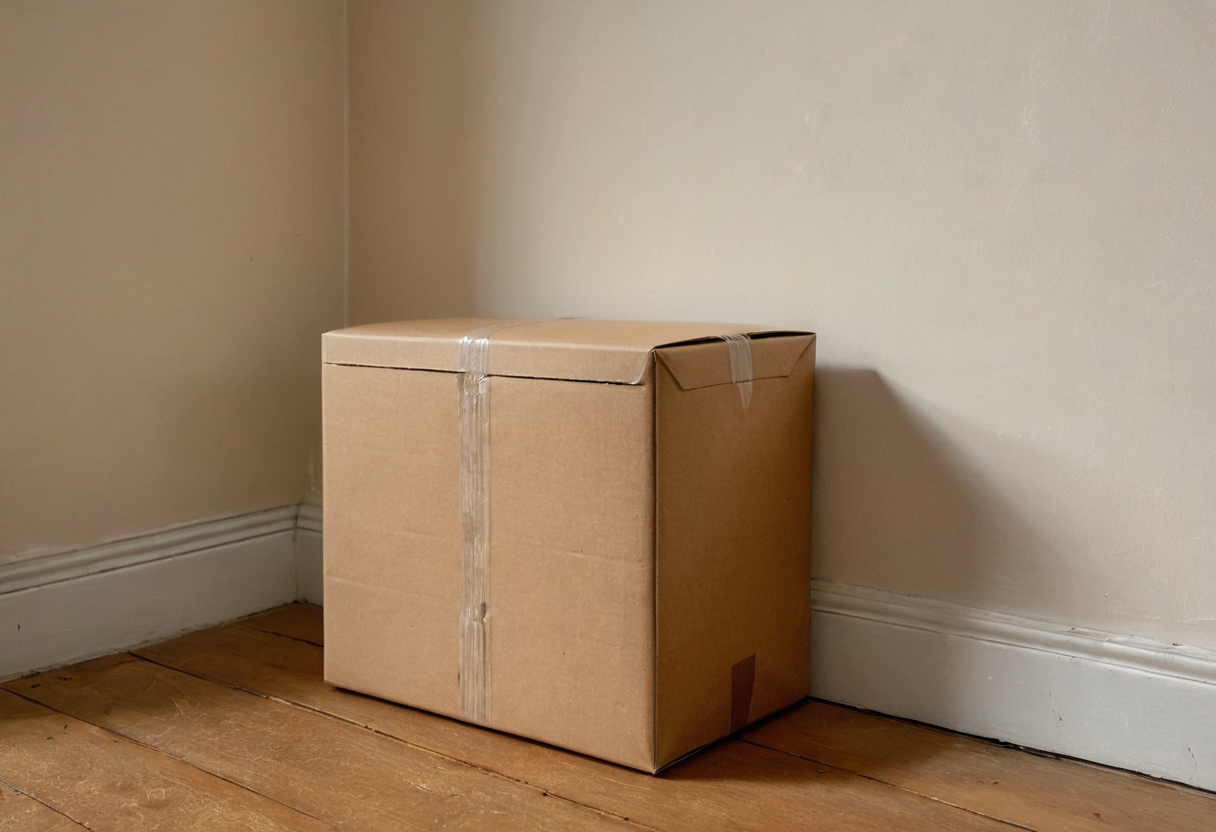 Closed, taped cardboard box on a wooden floor in a room corner.