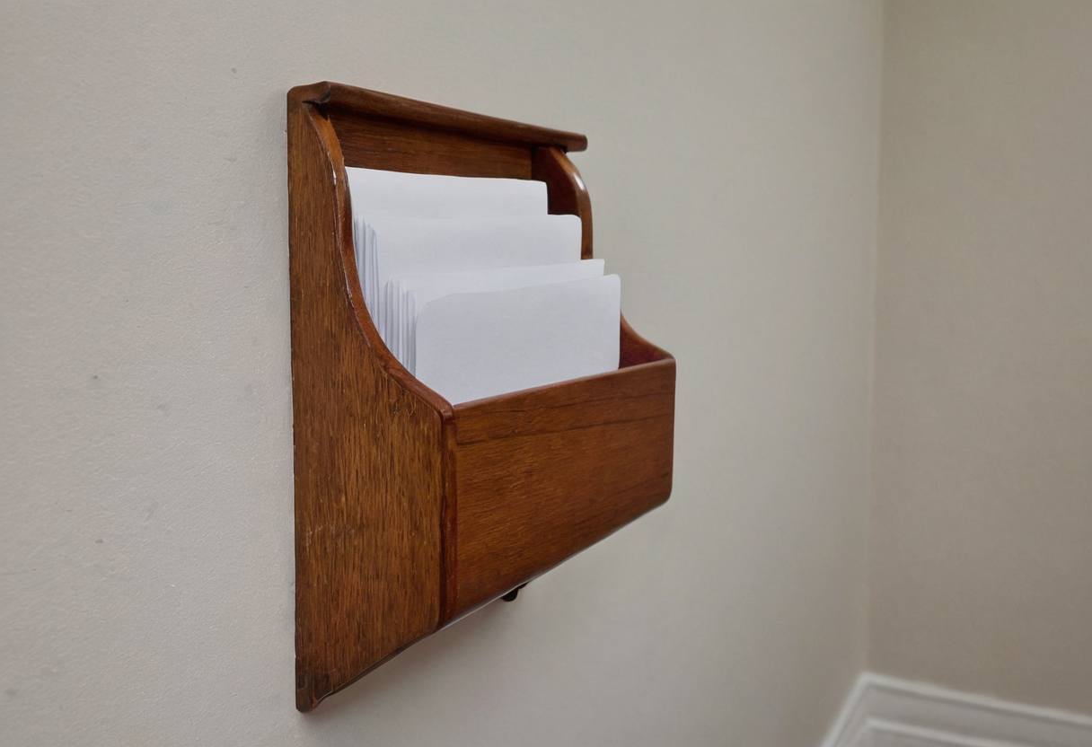 Wooden wall-mounted holder containing several blank white papers.