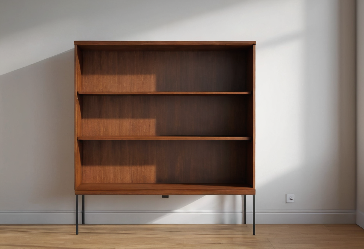 Empty freestanding wooden shelving unit with three levels against a pale wall.