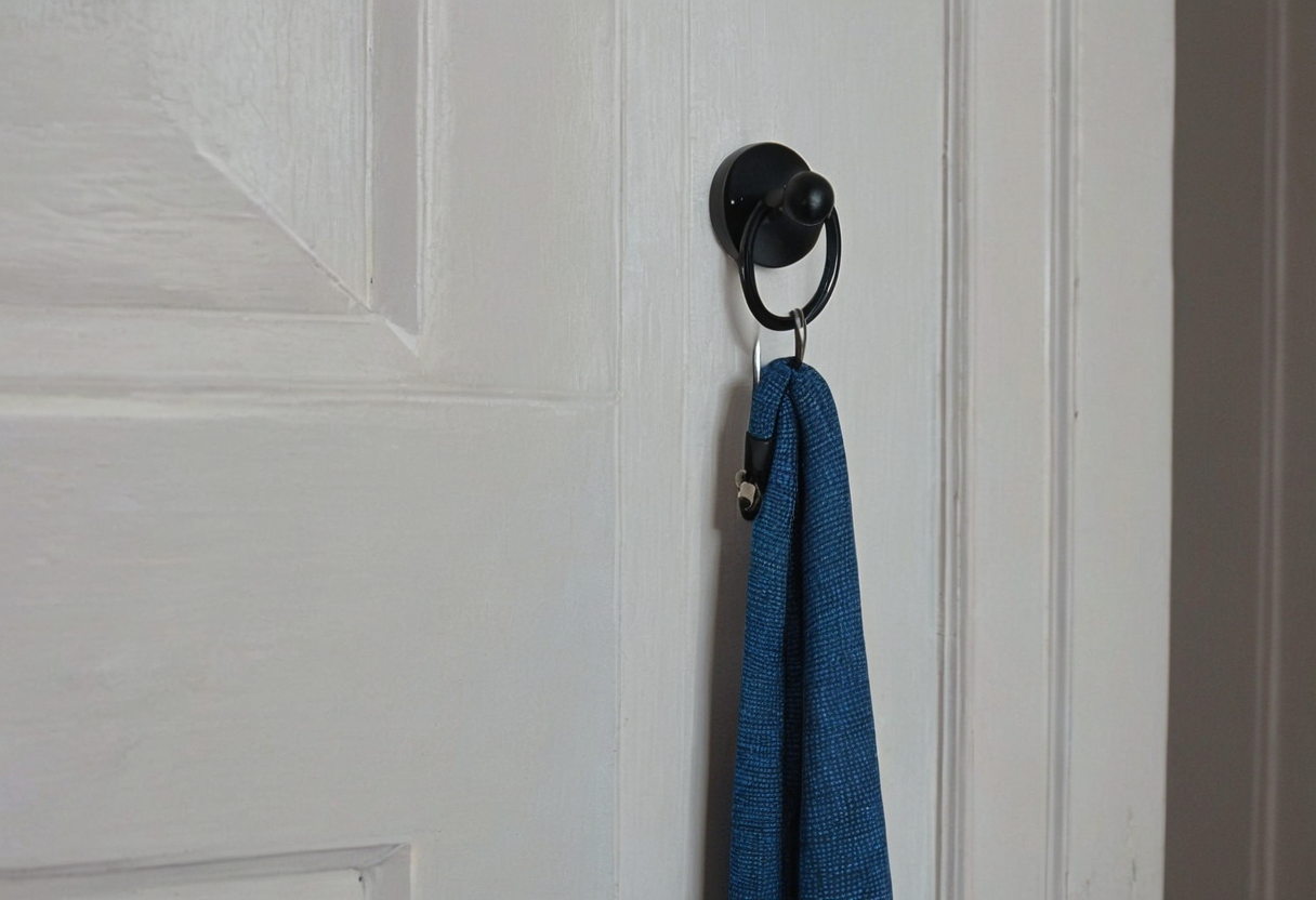 Blue fabric strap hanging from a black metal fitting on a white door.