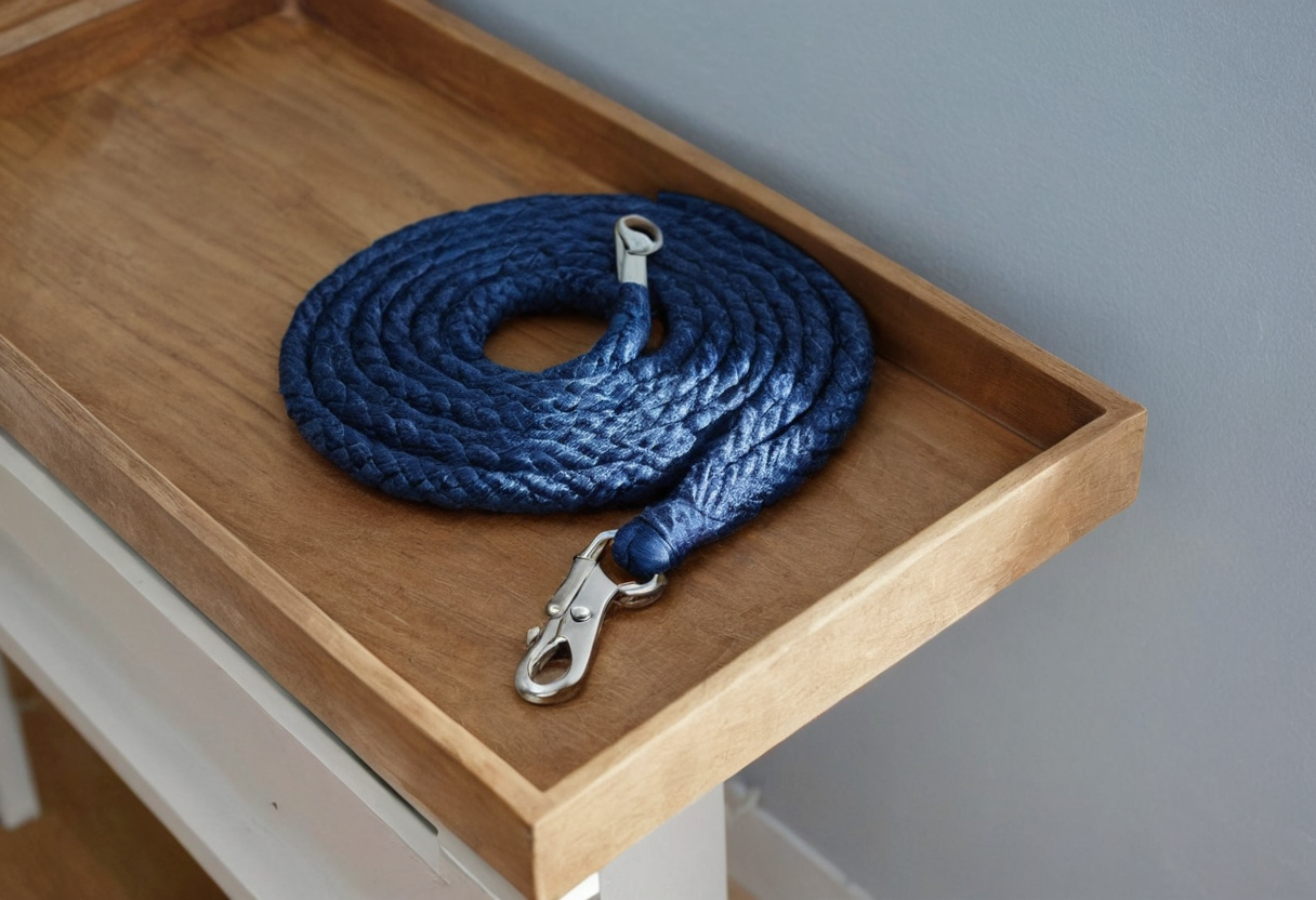 Coiled blue braided lead with a metal clip resting in a shallow wooden tray.