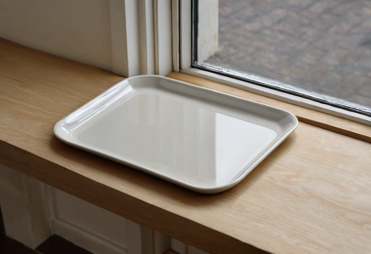 Empty white rectangular tray on a wooden surface beside a window.
