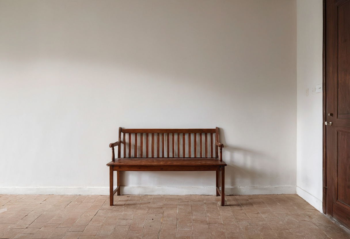 Wooden slatted bench against a pale wall beside a closed dark wooden door.