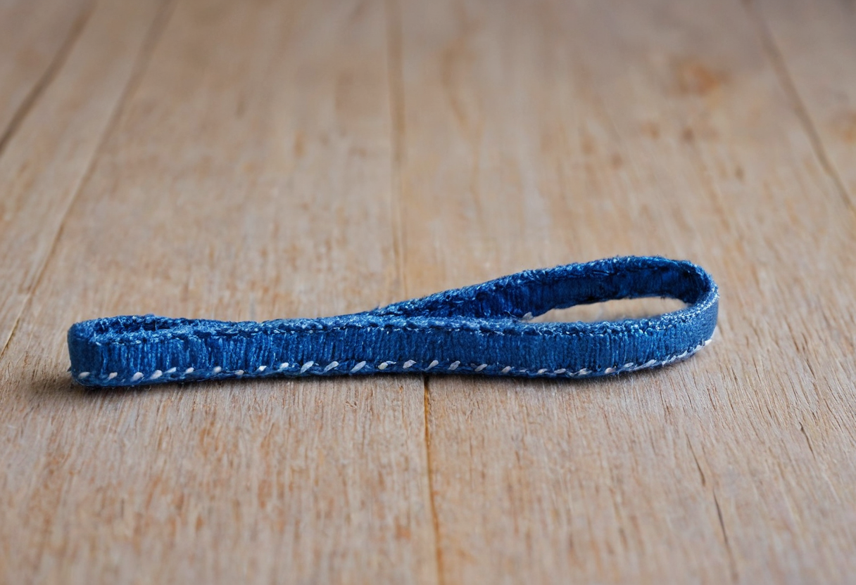 Close-up of a blue woven fabric loop with white stitching on light wood.