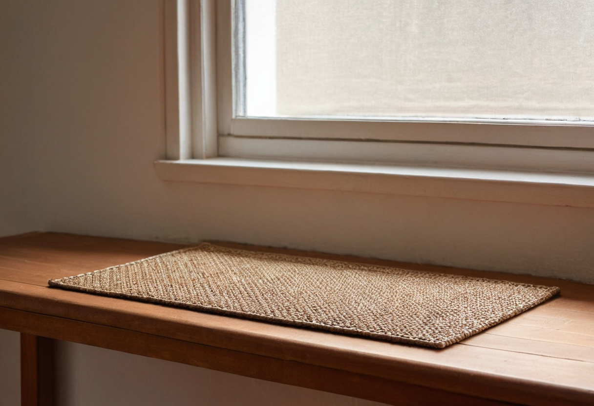 Plain rectangular beige woven mat lying flat on a wooden surface beneath a window.