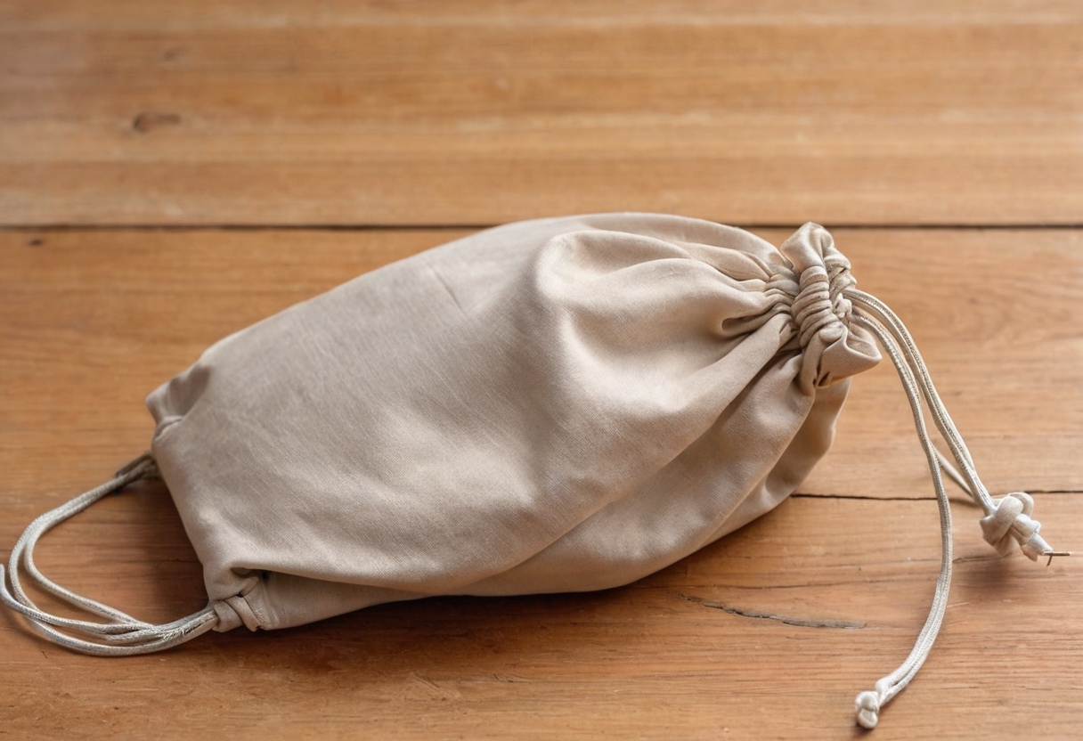 Unmarked light fabric drawstring pouch resting on a wooden tabletop.