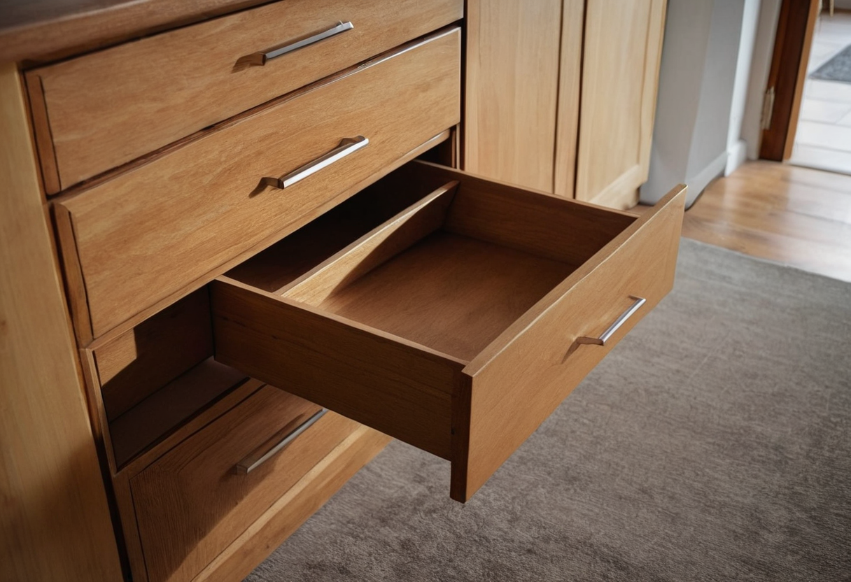 One open empty wooden drawer with an internal wooden divider, beside closed drawers.