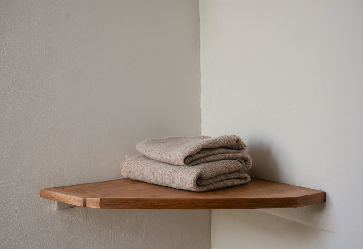 Two folded beige woven textiles stacked on a small triangular corner shelf against pale walls.