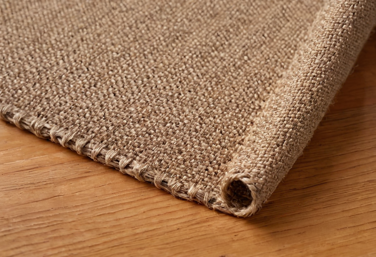 Close-up of a thick beige woven textile with a stitched edge and curled corner on wood.